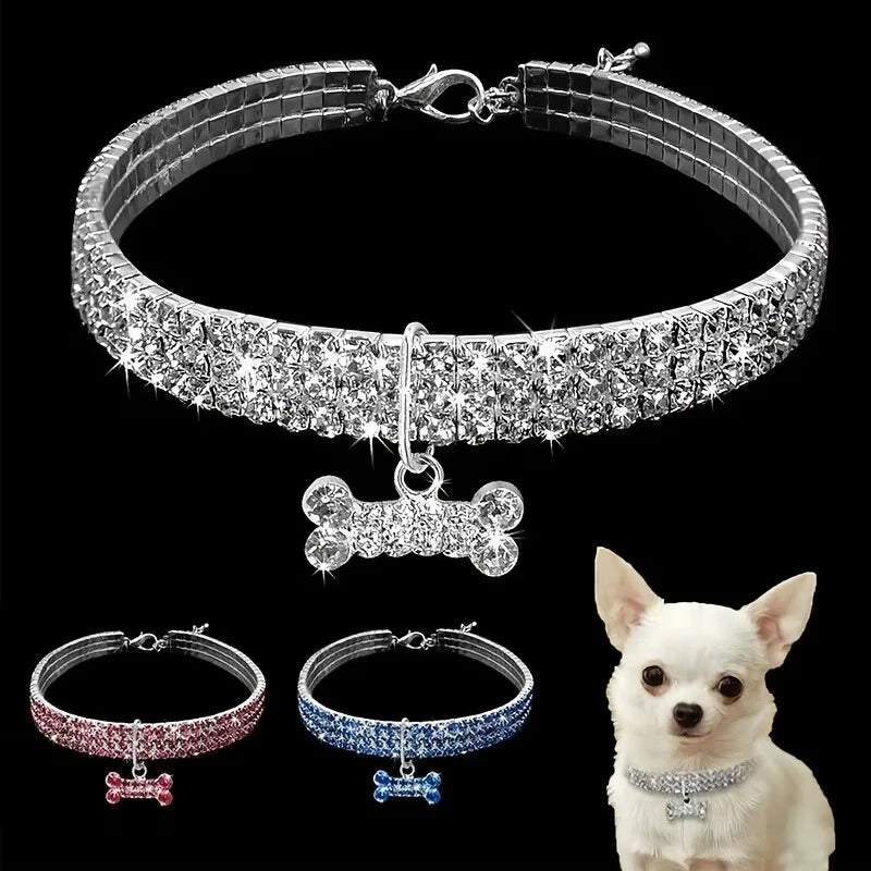 Bling Bone Pet Collar - Adjustable Rhinestone Necklace for Dogs & Cats